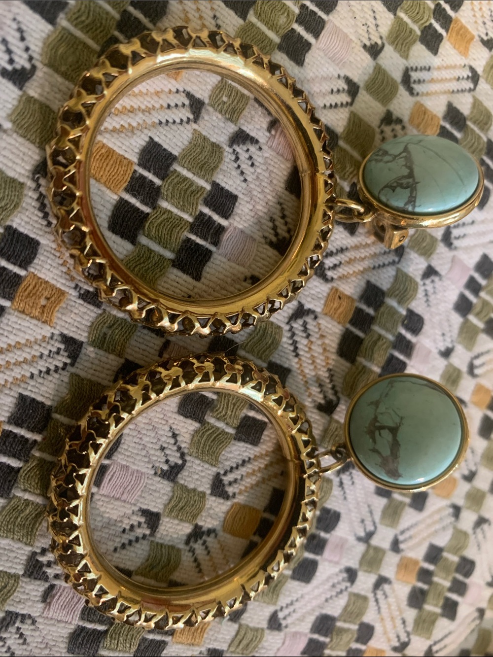 Hammered gold tone door knocker earrings Stunning!!!! Light blue round at top.